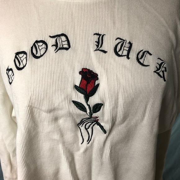 Forever 21 Good Luck Embroidered Long Sleeve White Waffle Crop Top, Size S - Picture 3 of 5